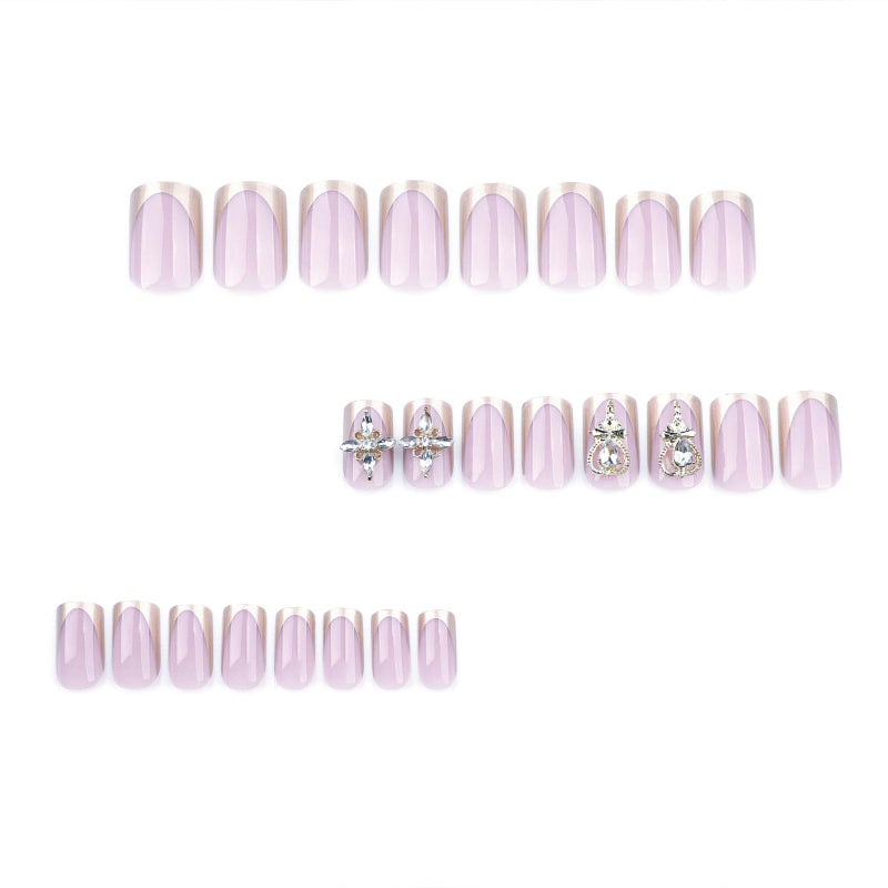 SINHOT Medium Press on Nails Square 3D Cross Rhinestones Fake Nails Glossy Glue on Nails Gold Edge Acrylic Nail Squoval Artificial Nail French Tip Stick on False Nail with Design 24 pcs - Image 3